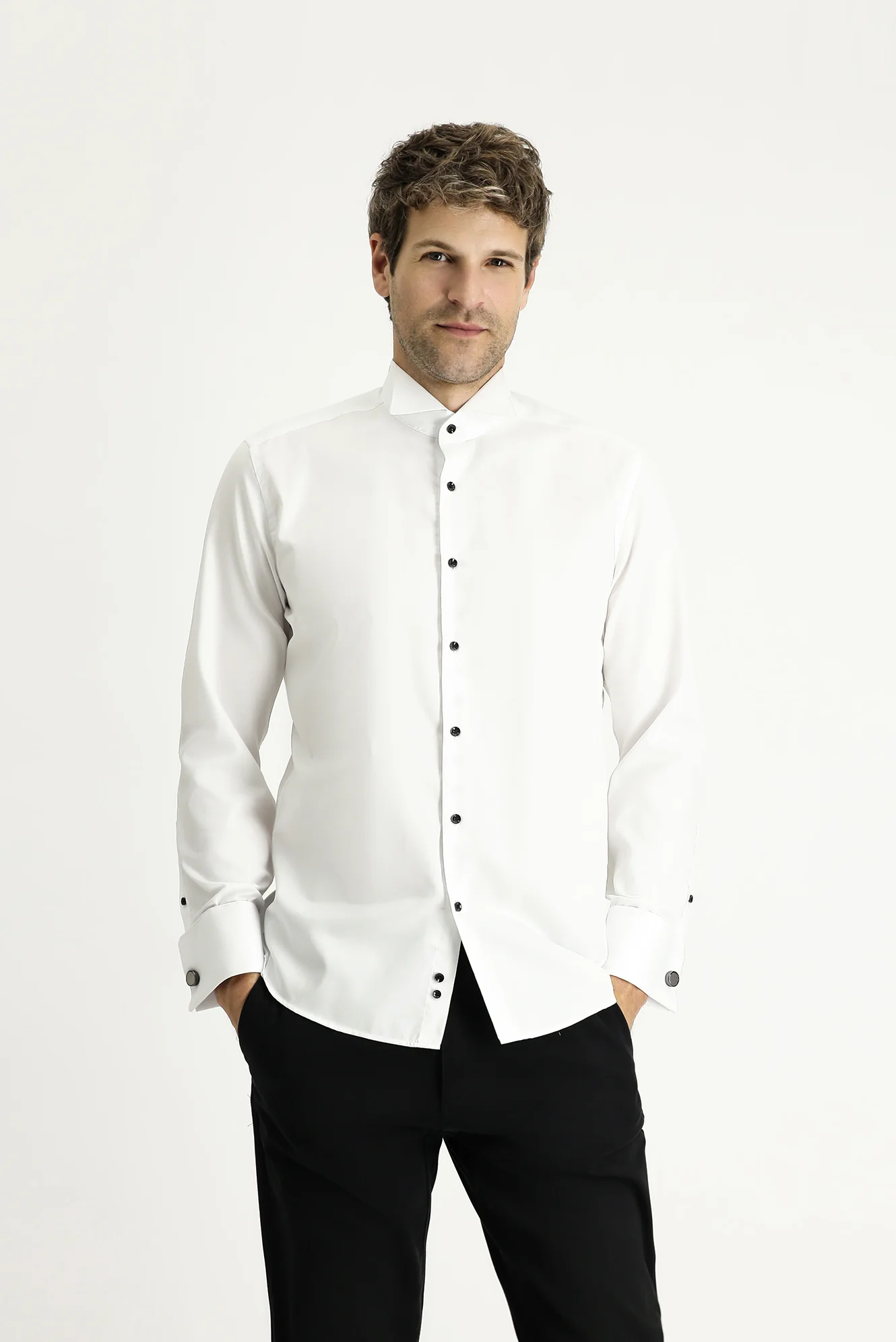 Beyaz Ata Yaka Slim Fit Dar Kesim Pamuklu Kolay Ütülenebilir Gömlek - Image 3