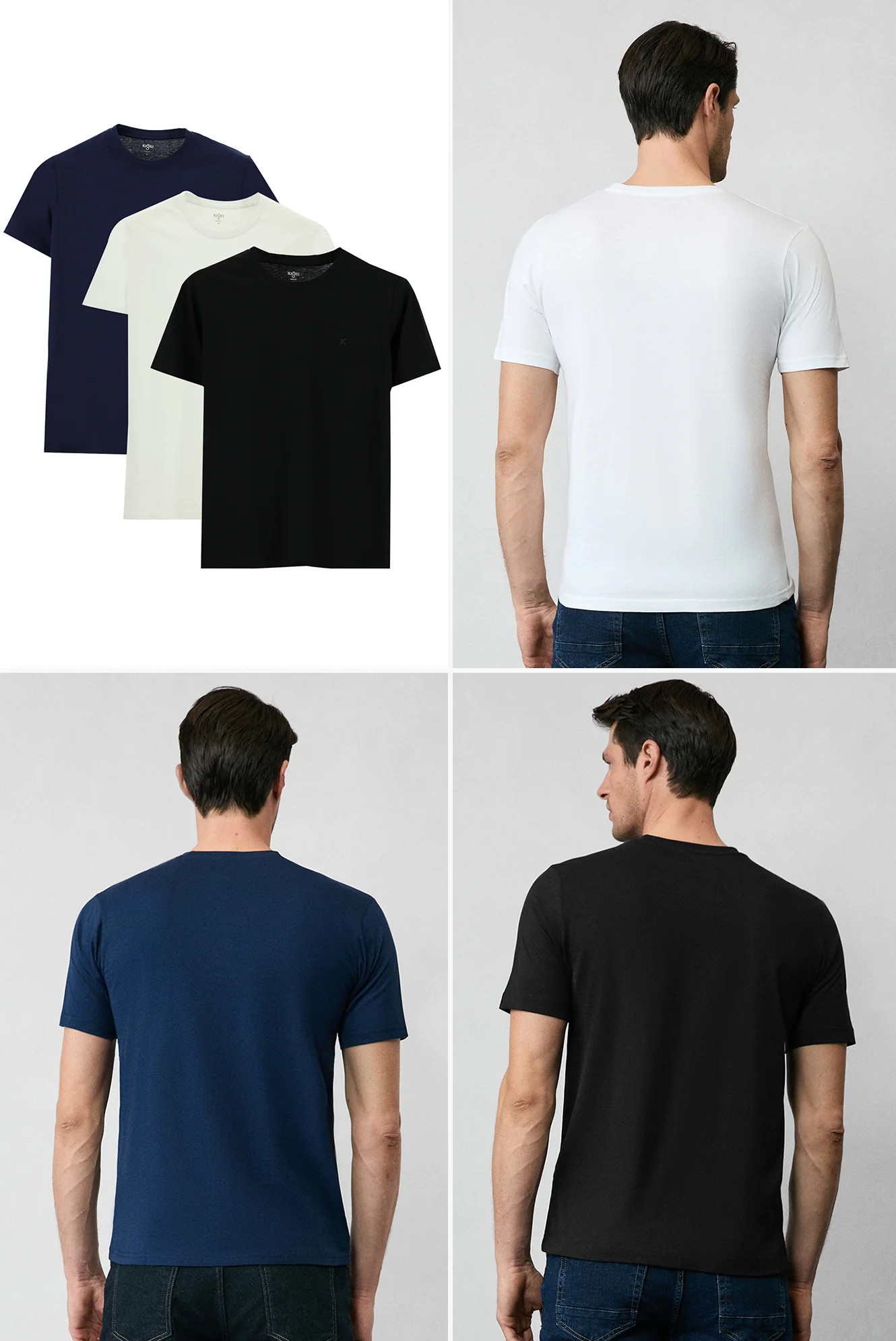 Beyaz-Siyah-Lacivert Bisiklet Yaka Slim Fit Dar Kesim Pamuk 3'lü Paket Tişört Seti - Image 5