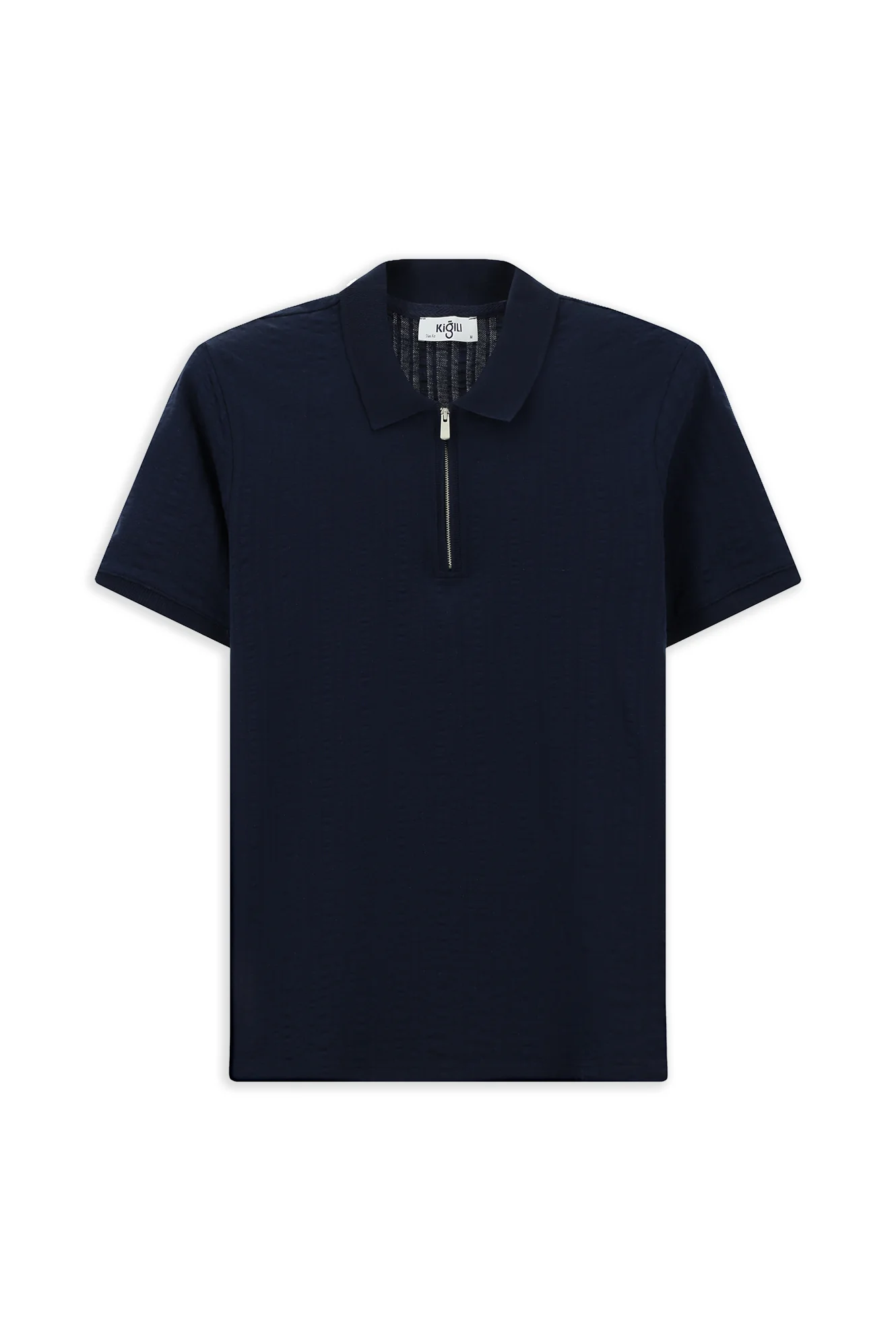 Orta Lacivert Slim Fit Dar Kesim Pamuk Desenli Fermuarlı Polo Yaka Tişört - Image 8